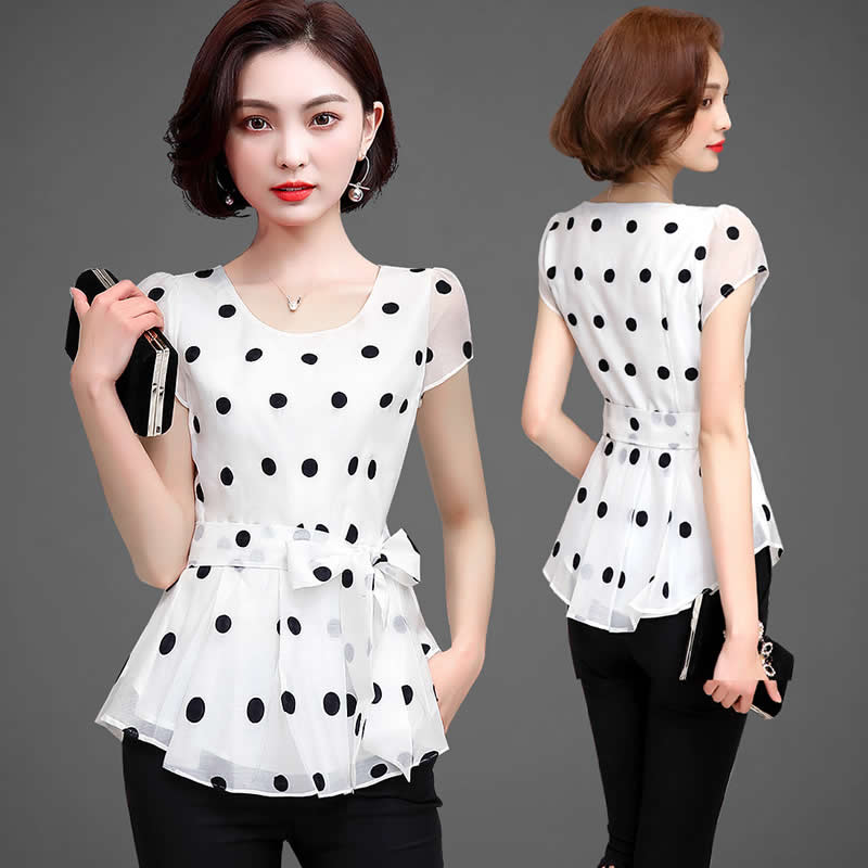 Women Casual Summer Style Chiffon Blouses Shirts Lady Short Sleeve O-Neck Polka Dot Printed Blusas Tops DF2824