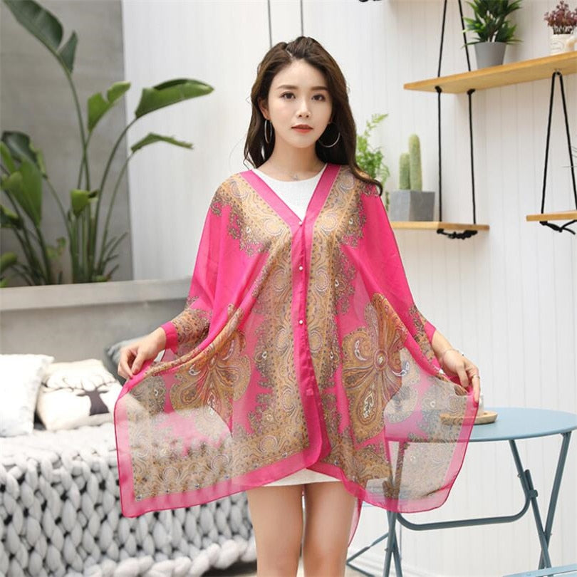 Boho Batwing Sleeve Chiffon Blouse Women Casual Floral Print Loose Kimono Shirts Big Size Beach Tunic Tops Peplum Blusa Robe