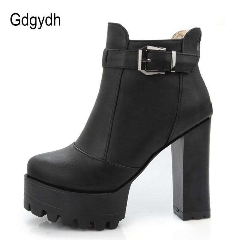 Gdgydh Women Platform Heels Ankle Boots Zipper High Heels Female Booties Shoes Black Round Toe Ladies Shoes Big Size 2022 Autumn