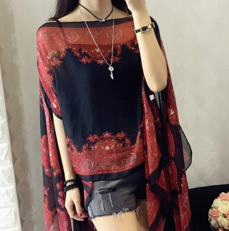 Boho Batwing Sleeve Chiffon Blouse Women Casual Floral Print Loose Kimono Shirts Big Size Beach Tunic Tops Peplum Blusa Robe