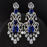 BeaQueen Royal European Design Blue Cubic Zirconia and White Crystal Tassel Drop Super Big Dangling Earrings for Women