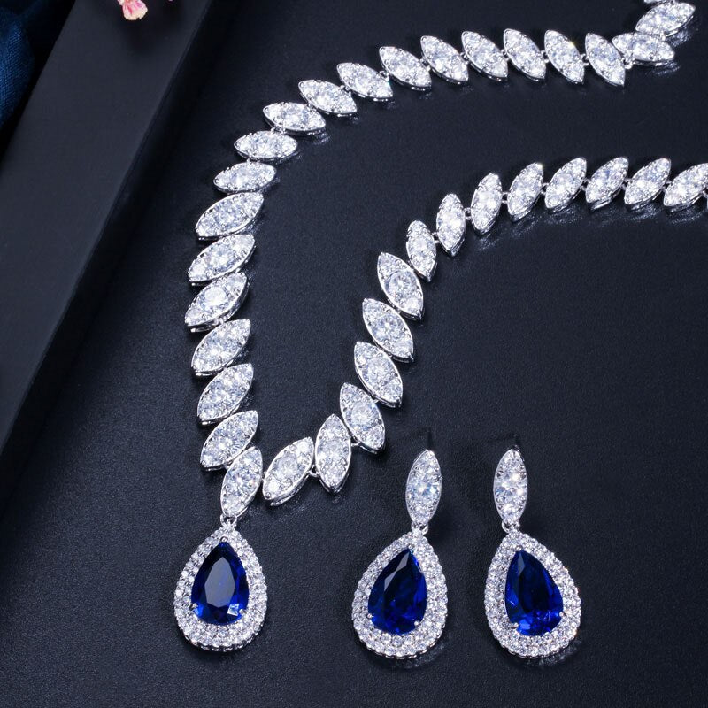 CWWZircons High Quality Cubic Zirconia Wedding Necklace and Earrings Luxury Crystal Bridal Jewelry Sets for Bridesmaids T109