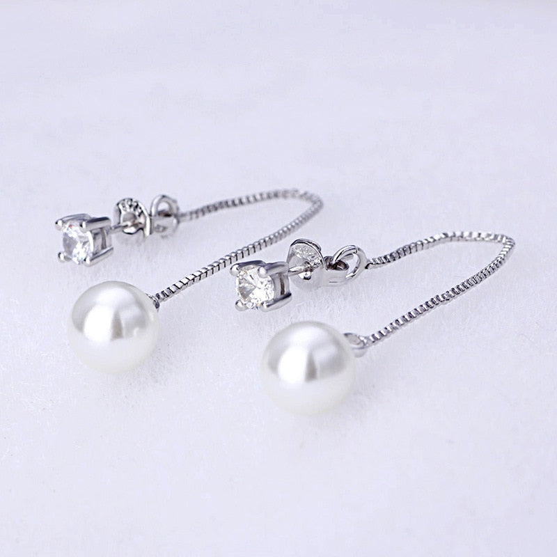 Fashion Silver-color Simulated Pearl Pendant Long Chain Cubic Zirconia Long Earrings Bridal Wedding Pearl Jewelry Drop Earrings