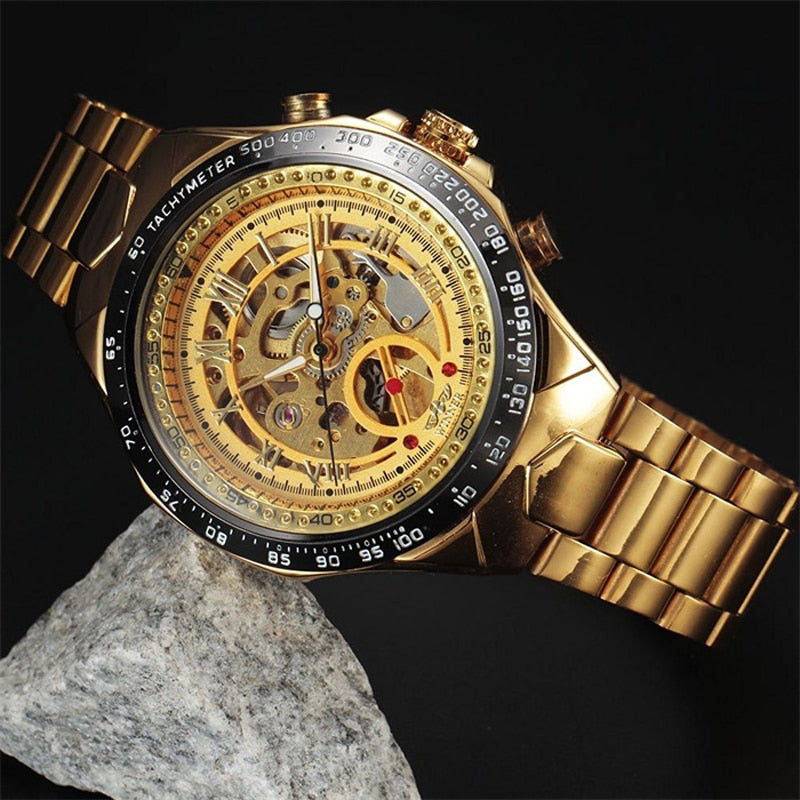 2022 WINNER Men Gold Watches Stainless Steel Band Automatic Mechanical Watch Male Skeleton Wristwatch Luxury Brand Sports Design