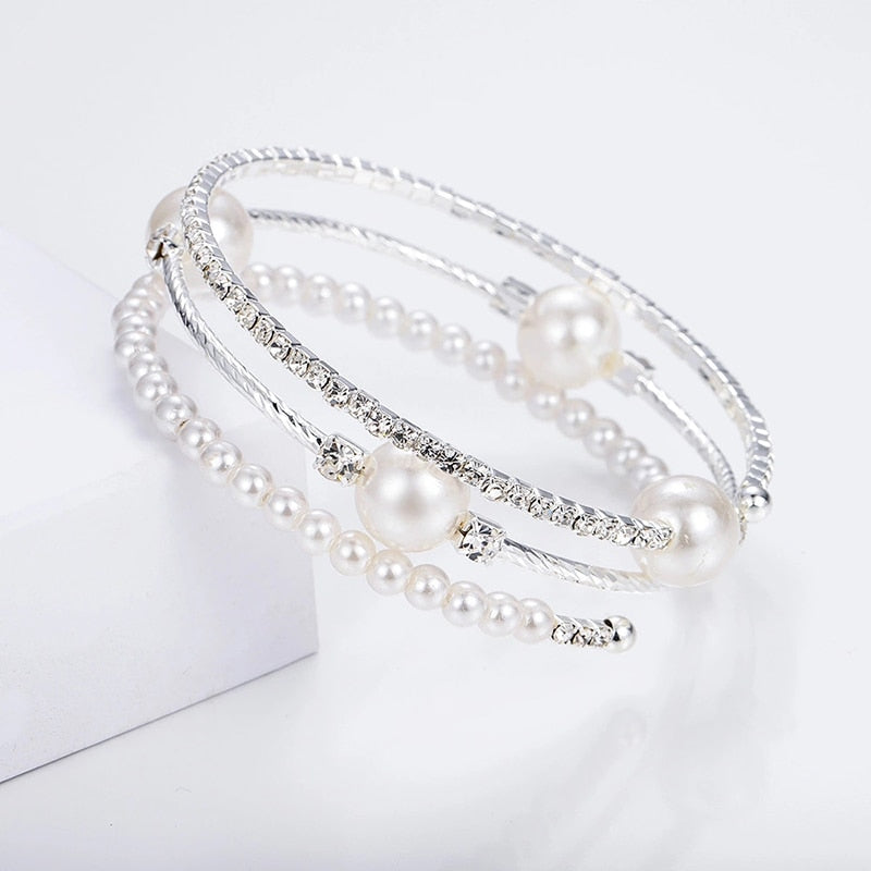 Crystal Pearl Bracelet Ladies Rhinestone Multi-layer Adjustable Bangles Cuffs Gold Silver Plated Charm Bracelets Jewelry Gift