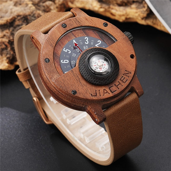 Unique Compass Turntable Number Design Mens Wooden Watch Men Brown Wood Leather Band Creative Natural Wood Wrist Watches Relogio