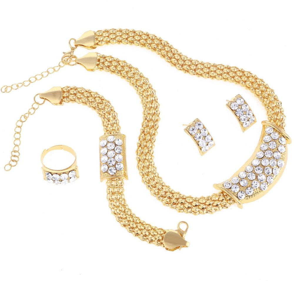 Amazing Price Wedding Gold Plate Jewelry Sets For Women Pendant Statement African Beads Crystal Necklace Earrings Bracelet Rings