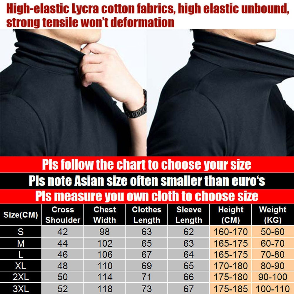 2021 New Men Fashion T Shirt Tees Slim Tops Male Stretch T-shirt Turtleneck Long Sleeve Tee Shirts High Collar Men's Cotton Tees