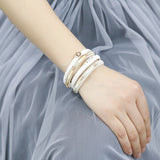 ALLYES White Leather Bracelets for Women Jewelry Trendy Round Metal Charm Rhinestone Crystal Wide Multilayer Bracelet Female