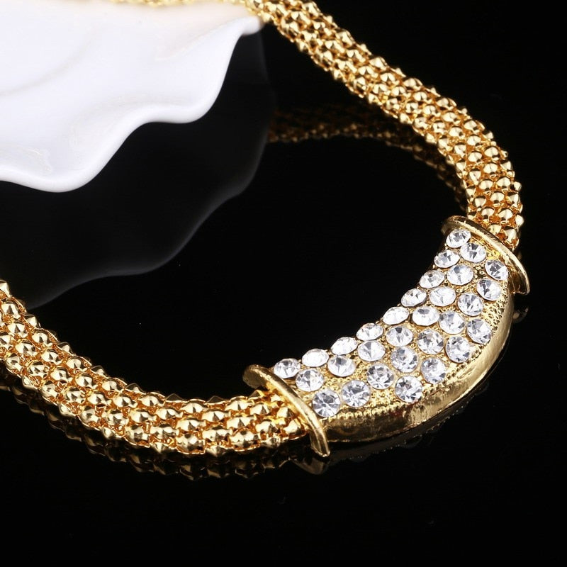 Amazing Price Wedding Gold Plate Jewelry Sets For Women Pendant Statement African Beads Crystal Necklace Earrings Bracelet Rings