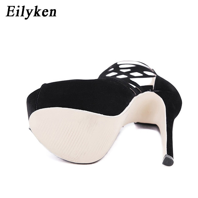 Eilyken Summer Women Sandals Pumps Party shoes Platform Pumps Wedding shoes Stiletto heels Open toe High Heels Dress shoes Black