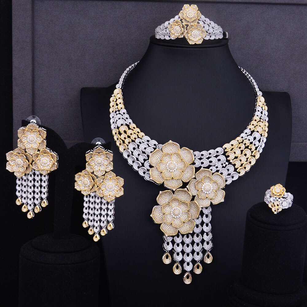 Tassel Drop Rose Flower Boom Full Micro Cubic Zirconia Women Wedding Dress Necklace Earring Jewelry Set