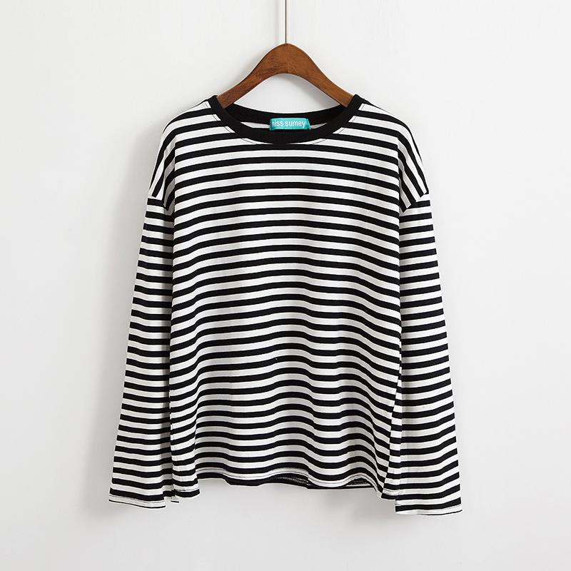 2021 New Vintage Fashion Basic Loose Casual Striped All Match Simple Long Sleeve Female T-shirts