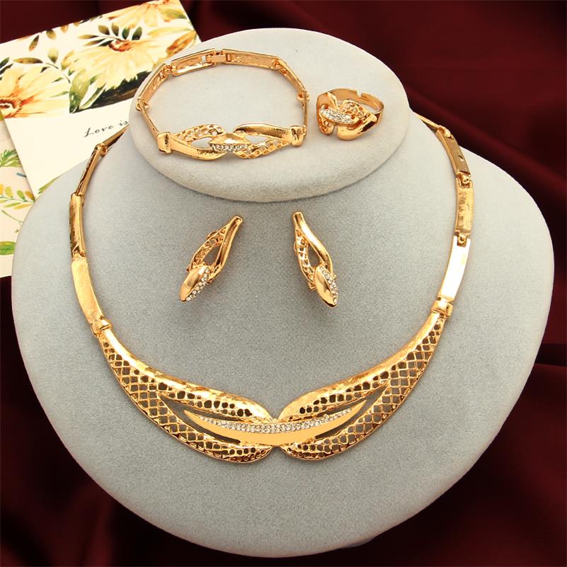 MINHIN Women Delicate Gold Bridal Jewelry Sets Rhinestone Pendant Collar Bracelet Crystal Earrings Rings Wedding Accessories