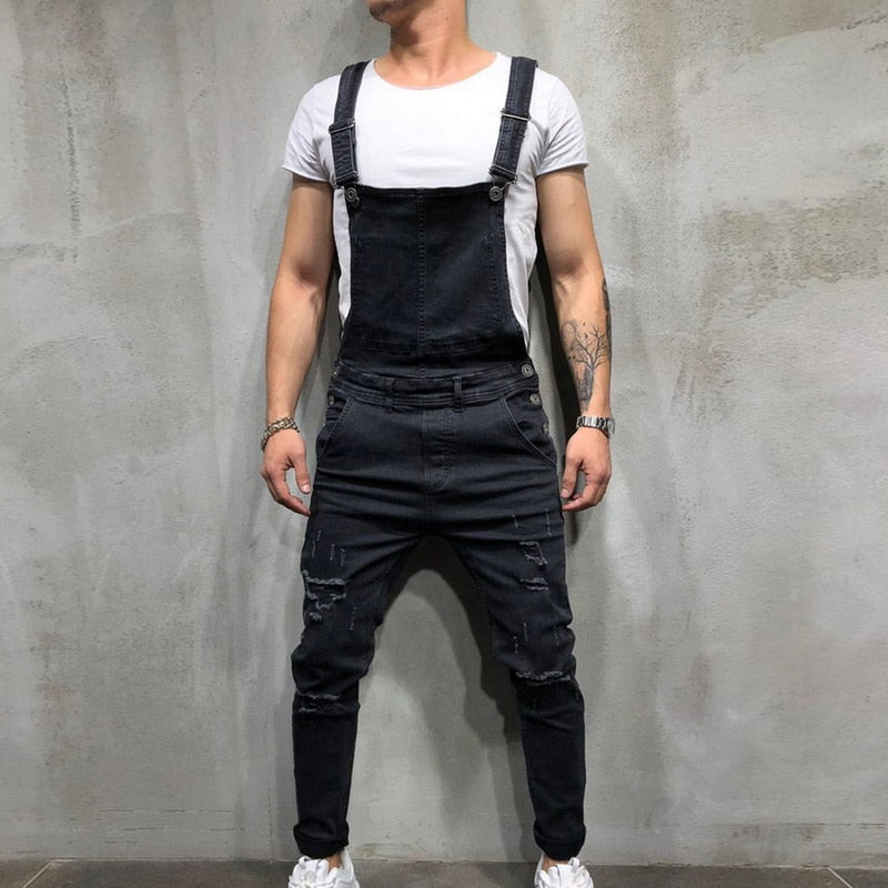 Men Ripped Denim Jumpsuit Overalls Jean Casual Suspenders Pants Men Fashion Hip Hop Jumpsuit Jean Bib Pant Streetwear