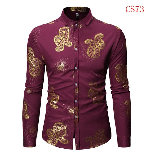 Mens Gold Rose Floral Print Shirts 2019 Brand Floral Steampunk Chemise White Long Sleeve Wedding Party Bronzing Camisa Masculina