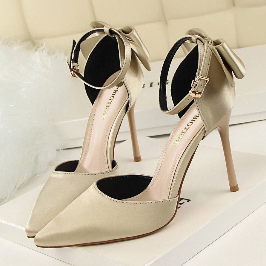 2019 Bow Women Shoes Pointed Toe Pumps Dress Shoes High Heels Boat Shoes Wedding Shoes tenis feminino Side with Plus size 34-43