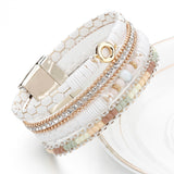 ALLYES White Leather Bracelets for Women Jewelry Trendy Round Metal Charm Rhinestone Crystal Wide Multilayer Bracelet Female