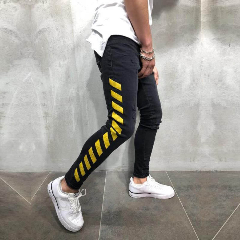 Men's Skinny Black Jeans Yellow Side Stripes Hip Hop Streetwear Raw Edge Ripped Skinny Printed Street Lightweight Cotton Jeans