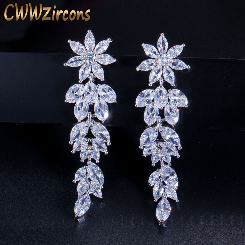 CWWZircons Luxury Marquise Cluster Flower Shape Cubic Zirconia Long Dangle Drop Earrings for Brides Wedding Jewelry CZ432