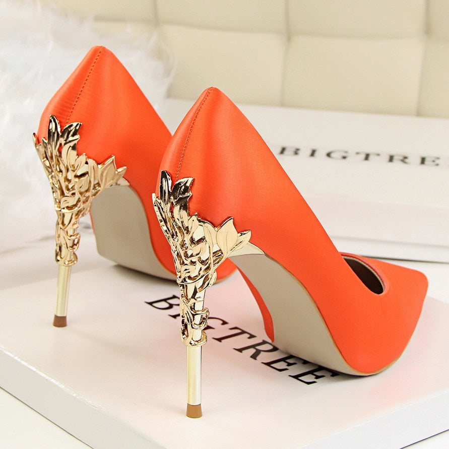 Elegant Metal Carved Heels Women Pumps 2019 High Quality Fashion Sexy Silk High Heels 13 Color 10cm Shoes Woman Wedding Shoes