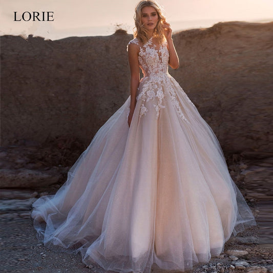 LORIE 2020 Scoop Lace Applique A Line Wedding Dresses Sleeveless Tulle Boho Bridal Gowns Long Train Elegant Princess Dresses