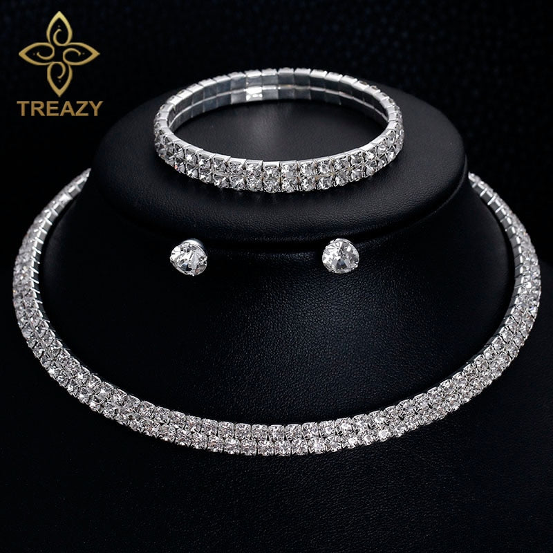 TREAZY Classic Rhinestone Crystal Choker Necklace Earrings and Bracelet African Wedding Jewelry Sets Bridal Wedding Accessories