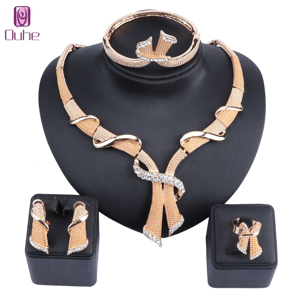 Dubai Silver Color Crystal Jewelry Sets Wholesale Bridal Accessories Nigerian Wedding Necklace Earring Bijoux Femme Jewelry Set