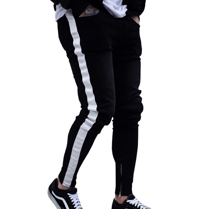 Skinny Jeans Men Hip Hop Stripe Elastic Slim Fit Denim Pants Male Stretchy Pencil Bottoms street Knee Ripped Holes Jeans