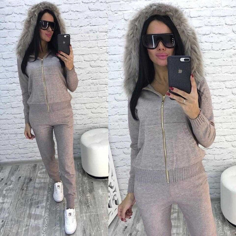 Faux fur collar hooded knit suit 2019 New women Autumn winter Long sleeves Knitted tracksuit casual pant set 2 piece set