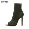 Eilyken Womens Boots Green Elastic Knit Sock Boots Ladies Open Toe High Heels Fashion Ankle Boots Women Pumps Size 35-42