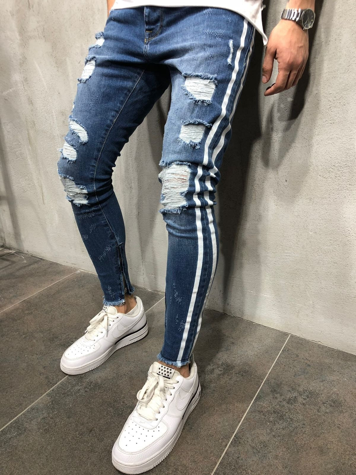 2019 New Brand Fashion Fashion Men's Ripped Skinny Jeans Destroyed Frayed Slim Fit Denim Pant Zipper US