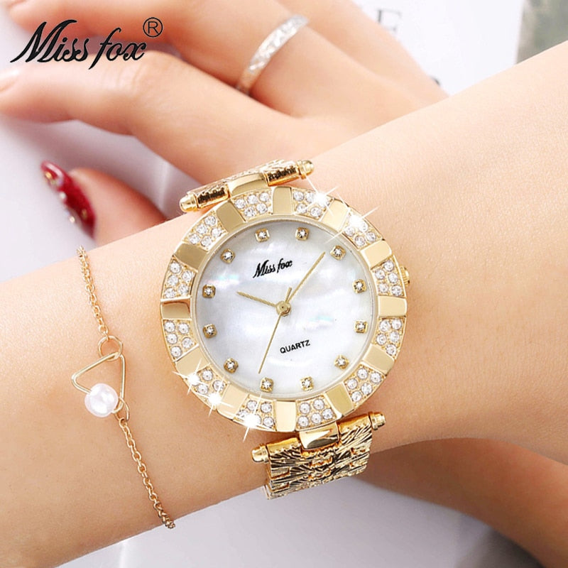 MISSFOX Women Watches Luxury Brand Fashion Casual Ladies Watch Women Quartz Diamond Geneva Lady Bracelet Wrist Watches For Women