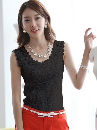 CHSDCSI Elegant Women Lace blouse Shirts Sleeveless White Tops Female clothing Ladies Blusas Casual Blouse Black Plus Size Shirt