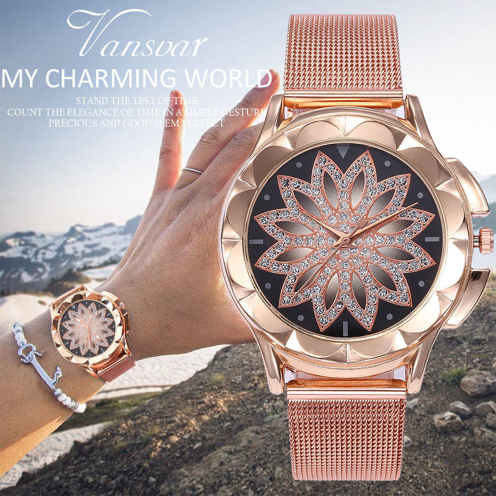 Fashion Women Rose Gold Flower Rhinestone Wrist Watches Luxury Casual Female Quartz Watch Relogio Feminino Drop Shipping