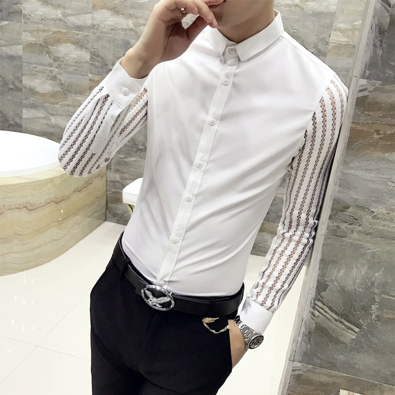 2021 New Mens Black White Lace Hollow Patchwork Shirt Long Sleeve Luxury Party Promshirt Men's Petticoat Nightclub Dress Tuxedo