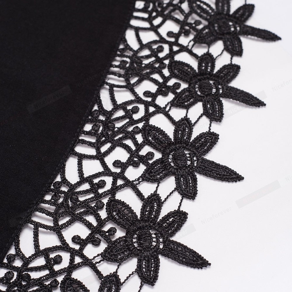 Nice-forever Elegant Embroidery Black Lace Dresses Short Sleeve Swing Flare Women Dress btyA032