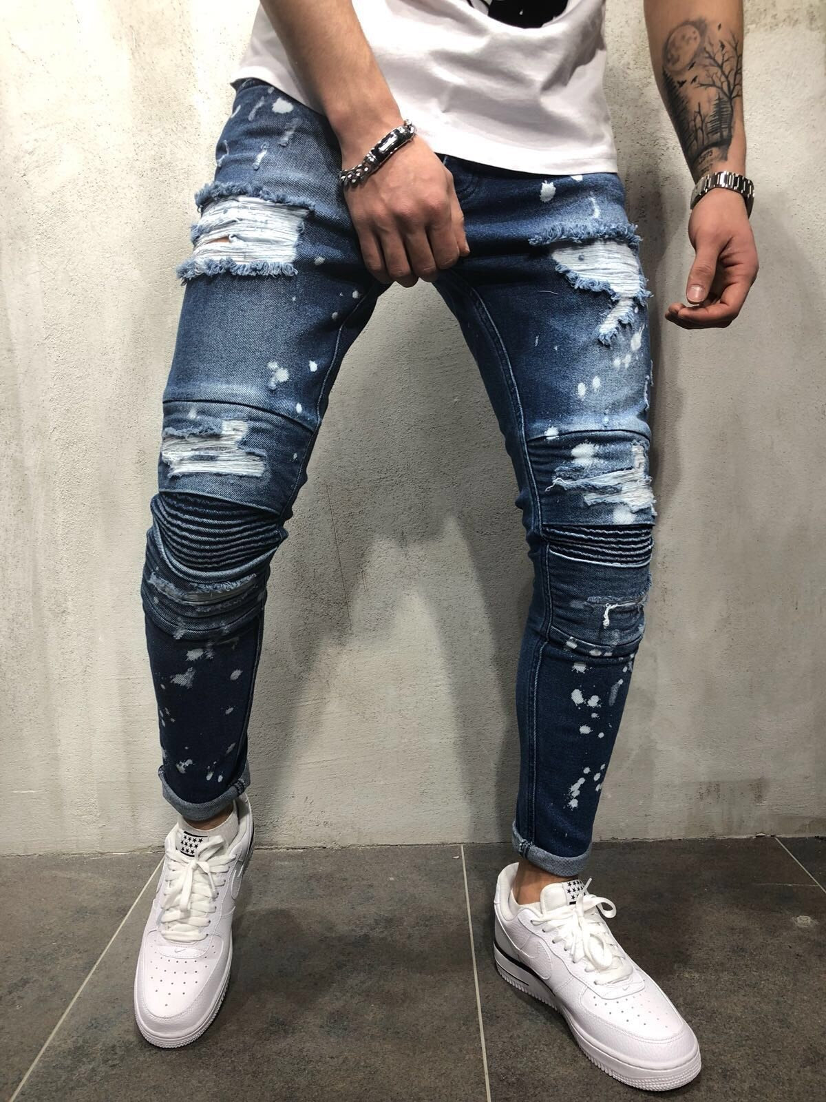 Men's Painted Skinny Slim Fit Straight Ripped Distressed Pleated Knee Patch Denim Pants Stretch Jeans