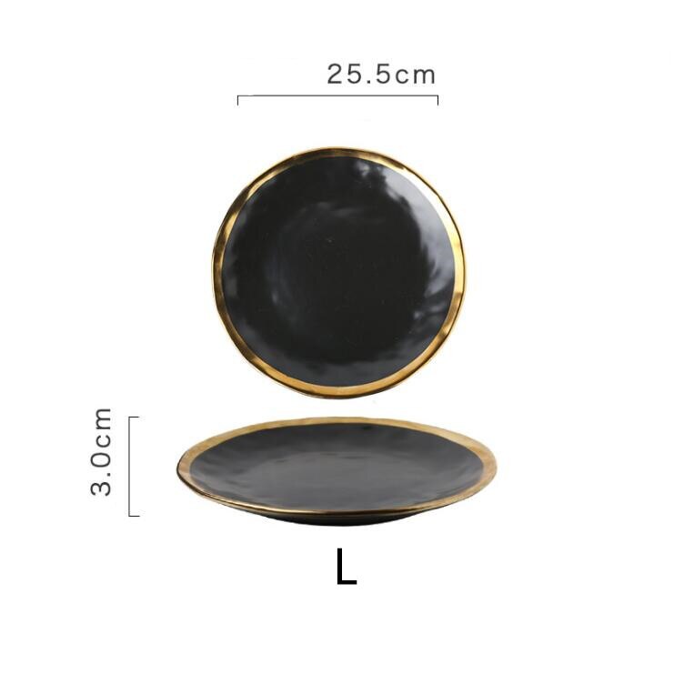 European Style Gold Side Black Plate Retro Tableware Matte Steak Dish Dessert Tray Kitchen Dinner Plates Ceramic Dishes Plates