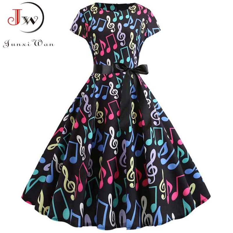 Women Summer Music Note Print Dress 50s 60s Robe Retro Swing Casual Vintage Sleeveless Party Dresses Vestidos Plus Size