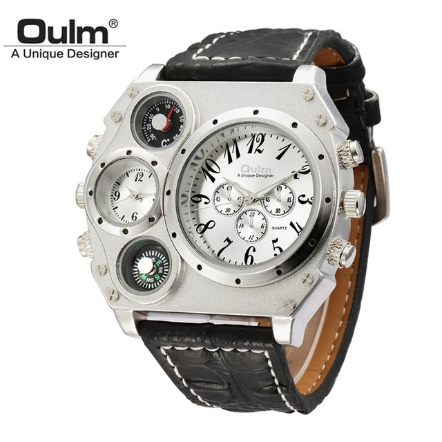 OULM Watch Men Quartz Sport Leather Strap Watches Big Dial Military Wristwatch Mens Clock Compass Decoration reloj hombre 2018