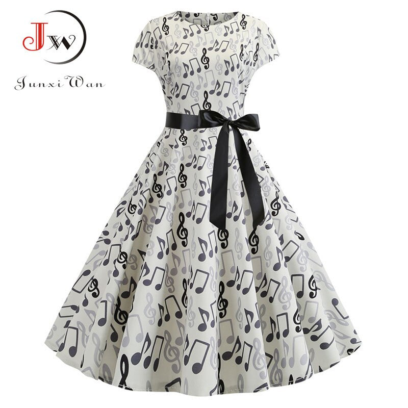 Women Summer Music Note Print Dress 50s 60s Robe Retro Swing Casual Vintage Sleeveless Party Dresses Vestidos Plus Size