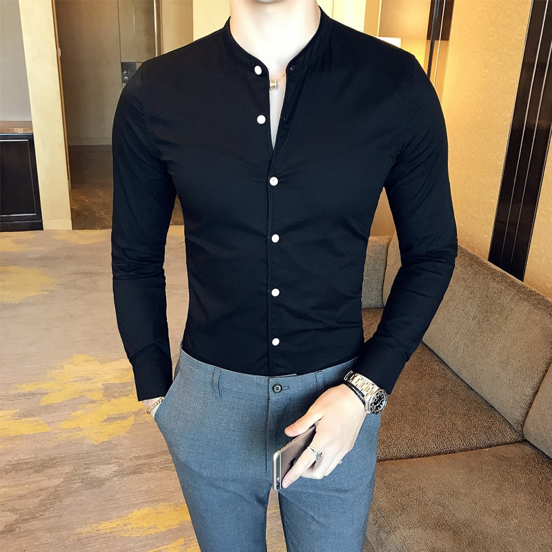 2019 New Men's Fashion Boutique Cotton Solid Color Collar Casual Business Long-sleeved Shirts Male Slim High-end Leisure Shirts