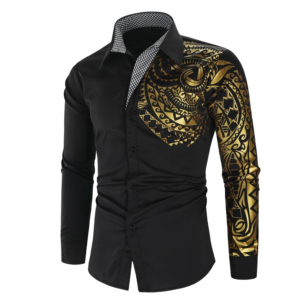 Luxury Gold Black Shirt Men New Slim Fit Long Sleeve Camisa Masculina Gold Black Chemise Homme Social Men Club Prom Shirt