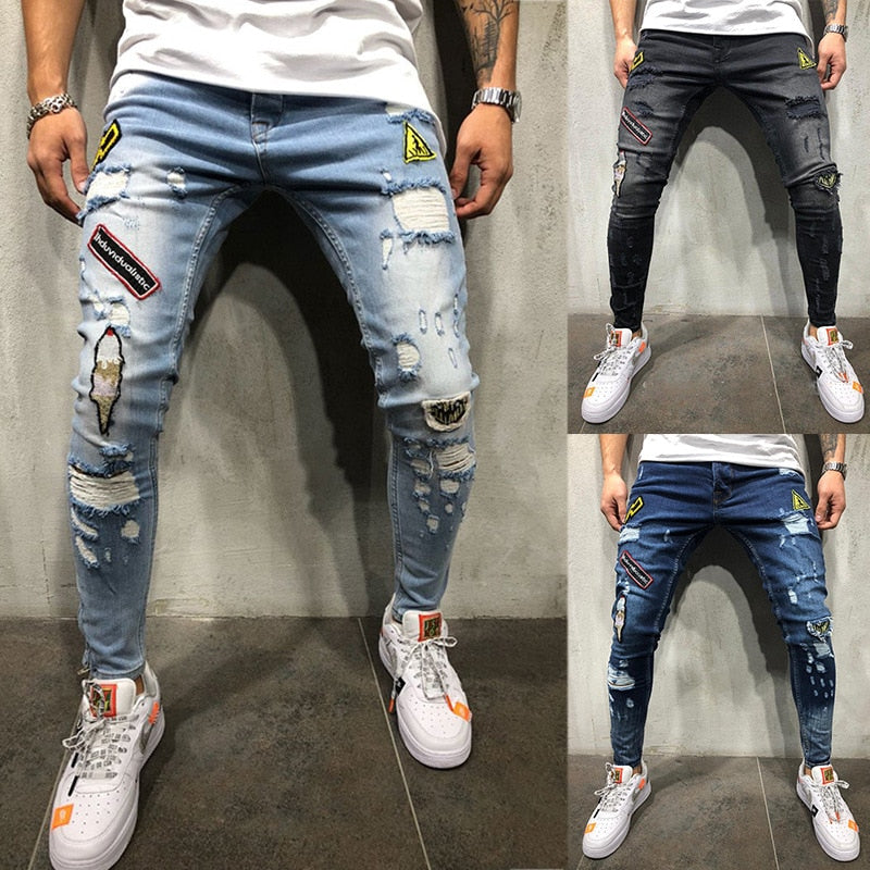 Fashion New Male hole badge embroidery denim trousers pants Men's streetwear hiphop skinny Casual Patch Jeans