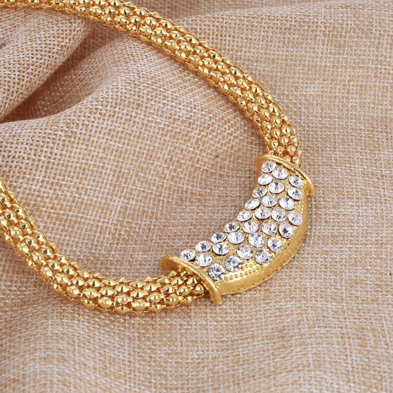 Amazing Price Wedding Gold Plate Jewelry Sets For Women Pendant Statement African Beads Crystal Necklace Earrings Bracelet Rings