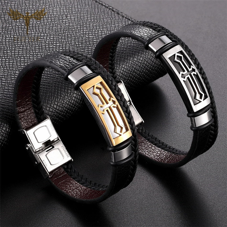 Vintage Cross Bracelet Men's Charm Jewelry Religious Bracelet Stainless Steel Clasp Silicone Bracelet