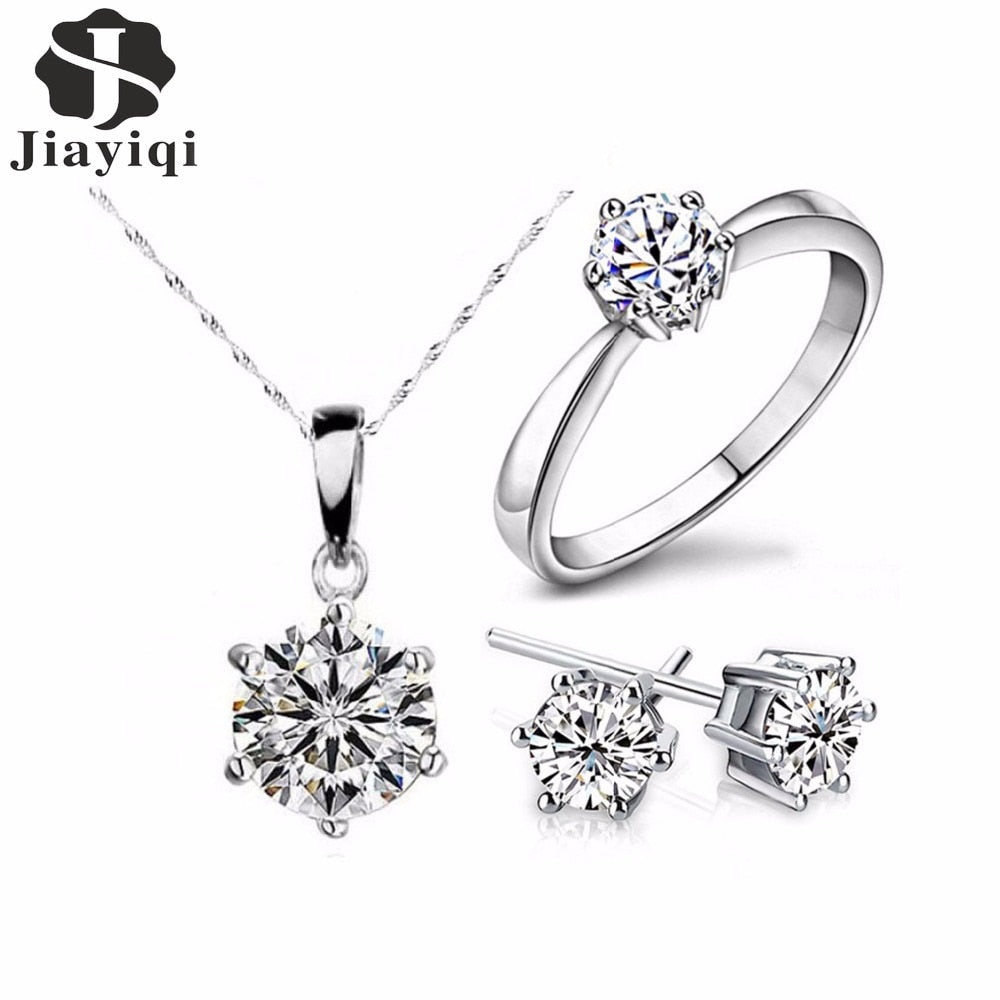 2020 Hot Sale Silver Color Fashion Jewelry Sets Cubic Zircon Statement Necklace & Earrings Rings Wedding Jewelry for Women Gift