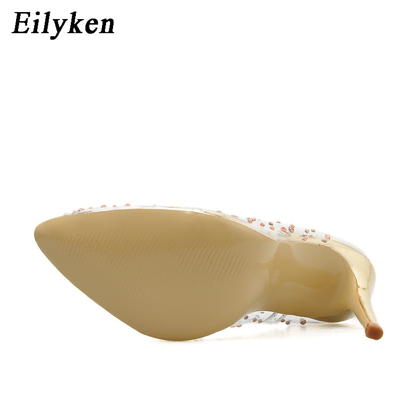 Eilyken Fashion Rhinestones PVC Transparent Pumps Stilettos High Heels Point Toes Womens Party Golden Wedding High heels shoes