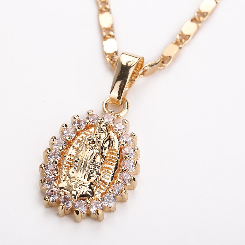 CWEEL Virgin Mary Necklace Gold Color Bijoux Imitation Crystal Statement Necklace Women Fashion Pendant Catholic Jewelry